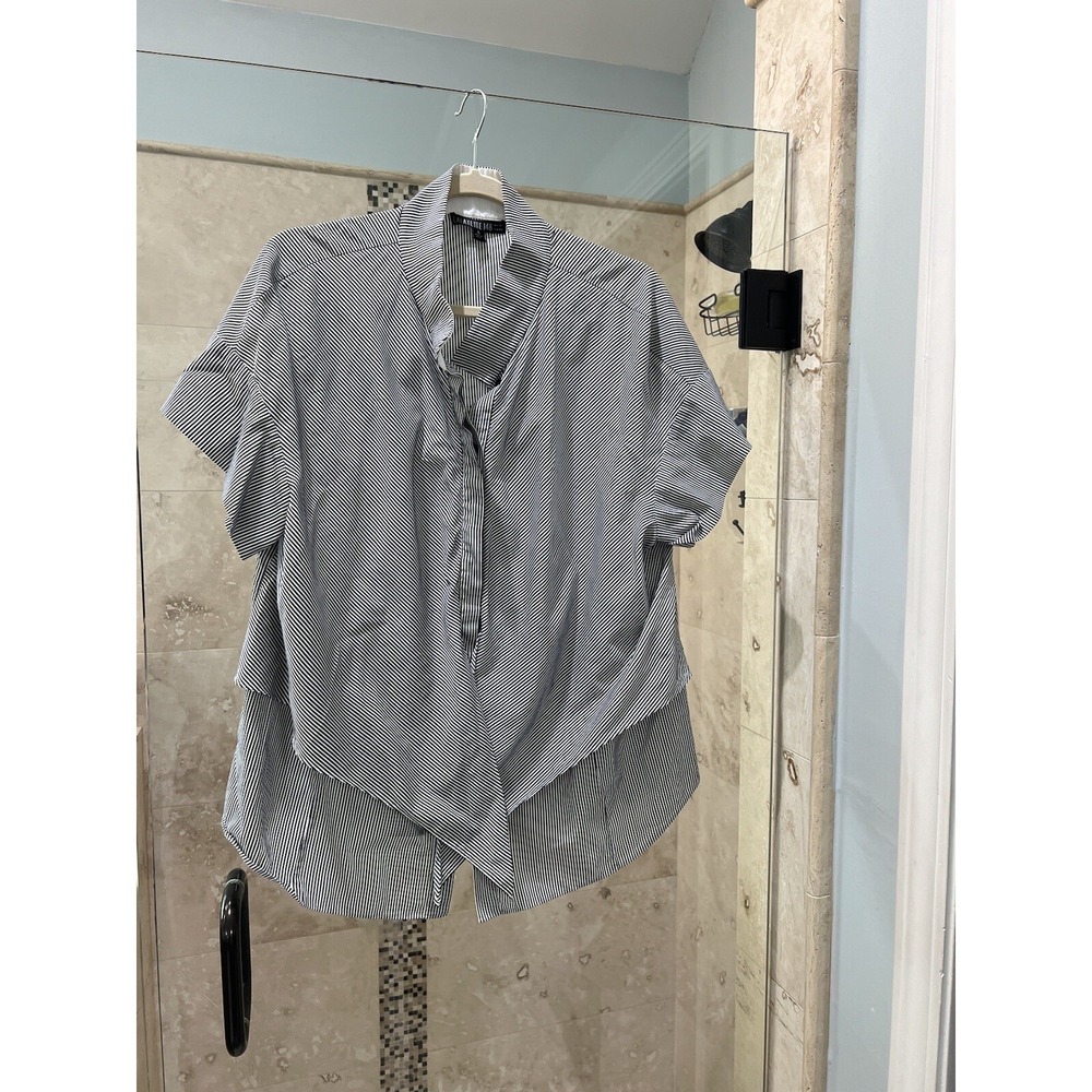 Lafayette 148 New York Striped Asymmetrical Seersucker Shirt 16 Black White
